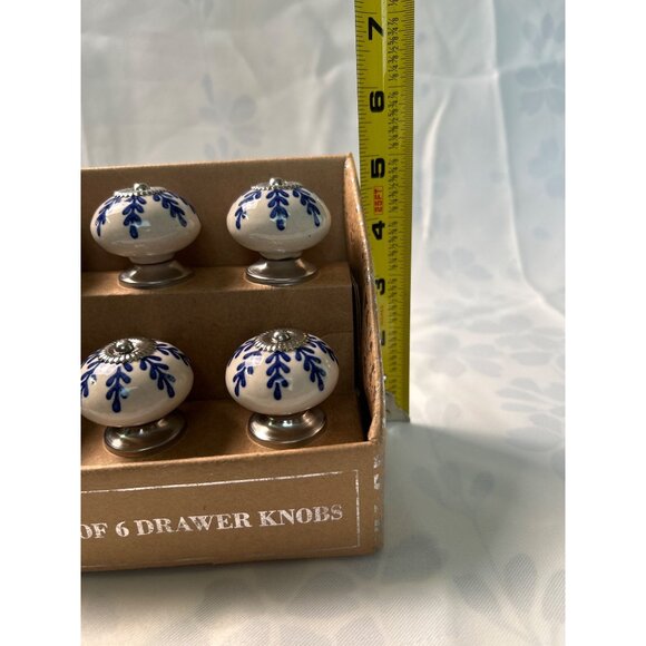 Set Of 6 Casa Decor Ceramic Drawer Knobs With Blue Floral Design Made In India - Picture 3 of 6
